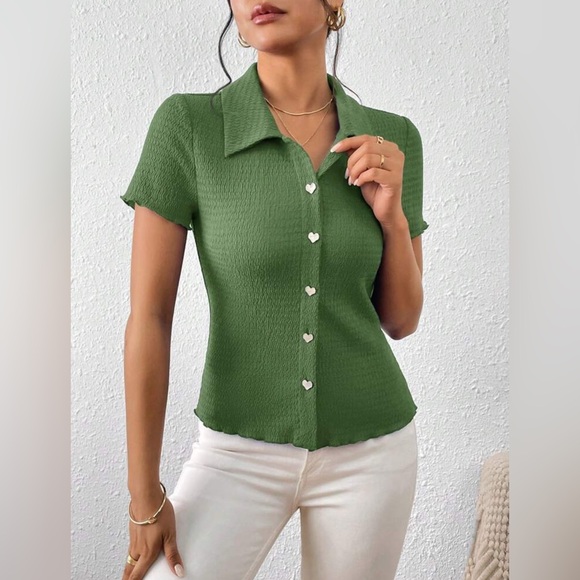 Green Fitted Ribbed Button Down Shirt - Picture 4 of 9